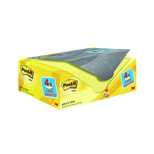 Post-it Notes 76x127mm Canary Yellow (Pack of 20) 655CY-VP20