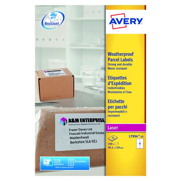 Avery Weatherproof Shipping Label 4 Per Sheet (Pack of 100) L7994-25