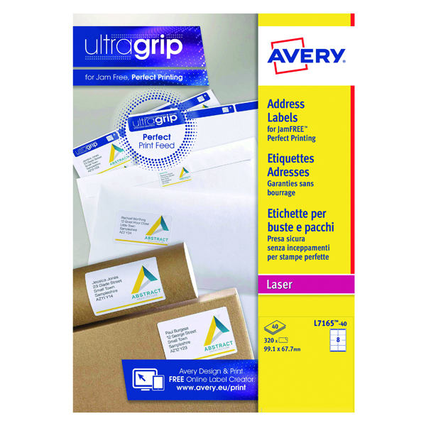 Avery Ultragrip Laser Parcel Labels 99.1x67.7mm 8 Per Sheet White (320 Pack) L7165-40