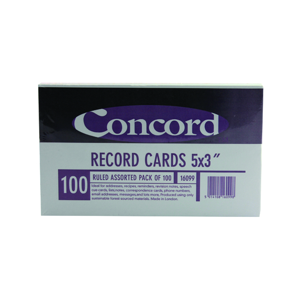 Concord Record Card 127x76mm Assorted (100 Pack) 16099