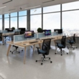 Straight fabric desktop screen 1600mm x 380mm - blue fabric with black aluminium frame