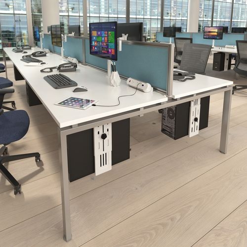 Straight fabric desktop screen 1600mm x 380mm - blue fabric with silver aluminium frame