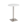 Brescia circular poseur table with flat square brushed steel base 800mm - white