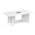 Arrow head leg rectangular boardroom table 1800mm x 1000mm in white with central cutout and Aero power module