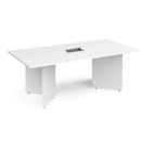 Arrow head leg rectangular boardroom table 2000mm x 1000mm in white with central cutout and Aero power module