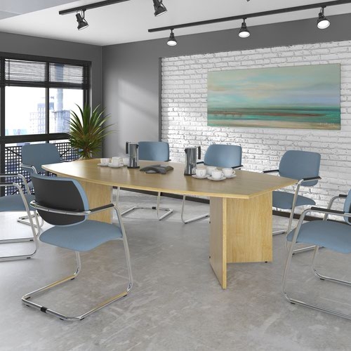 Arrow head leg radial end boardroom table 2400mm x 1000mm in white with central cutout and Aero power module