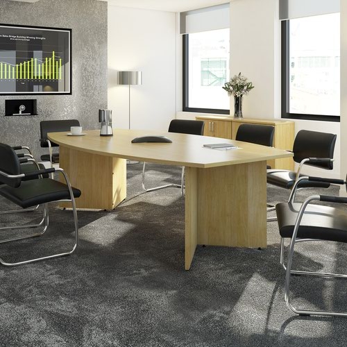 Arrow head leg radial end boardroom table 2400mm x 1000mm in white with central cutout and Aero power module