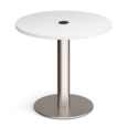 Monza circular dining table 800mm in white with central circular cutout and Ion power module in black