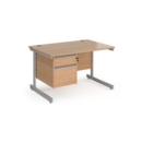 Contract 25 straight desk with 2 drawer pedestal and silver cantilever leg 1200mm x 800mm - beech top