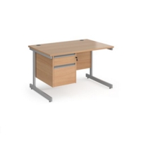 Contract 25 straight desk with 2 drawer pedestal and silver cantilever leg 1200mm x 800mm - beech top