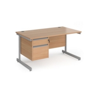 Contract 25 straight desk with 2 drawer pedestal and silver cantilever leg 1400mm x 800mm - beech top