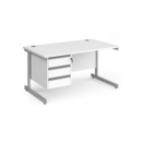 Contract 25 straight desk with 3 drawer pedestal and silver cantilever leg 1400mm x 800mm - white top