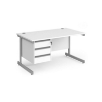Contract 25 straight desk with 3 drawer pedestal and silver cantilever leg 1400mm x 800mm - white top