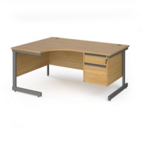 Contract 25 left hand ergonomic desk with 2 drawer pedestal and graphite cantilever leg 1600mm - oak top