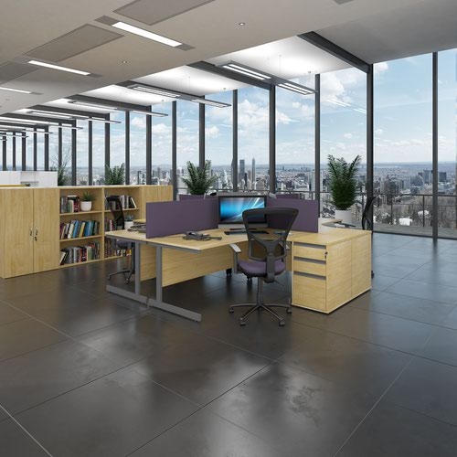 Contract 25 left hand ergonomic desk with 2 drawer pedestal and graphite cantilever leg 1600mm - oak top