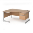 Contract 25 left hand ergonomic desk with 2 drawer pedestal and silver cantilever leg 1600mm - beech top