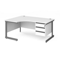 Contract 25 left hand ergonomic desk with 3 drawer pedestal and graphite cantilever leg 1600mm - white top