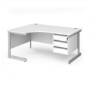 Contract 25 left hand ergonomic desk with 3 drawer pedestal and silver cantilever leg 1600mm - white top