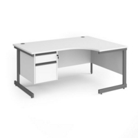 Contract 25 right hand ergonomic desk with 2 drawer pedestal and graphite cantilever leg 1600mm - white top