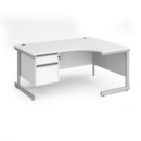 Contract 25 right hand ergonomic desk with 2 drawer pedestal and silver cantilever leg 1600mm - white top
