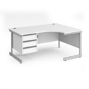 Contract 25 right hand ergonomic desk with 3 drawer pedestal and silver cantilever leg 1600mm - white top