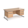 Contract 25 straight desk with 2 and 3 drawer pedestals and silver cantilever leg 1600mm x 800mm - beech top