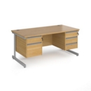 Contract 25 straight desk with 2 and 3 drawer pedestals and silver cantilever leg 1600mm x 800mm - oak top