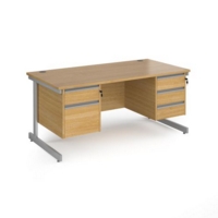 Contract 25 straight desk with 2 and 3 drawer pedestals and silver cantilever leg 1600mm x 800mm - oak top