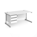 Contract 25 straight desk with 3 drawer pedestal and silver cantilever leg 1600mm x 800mm - white top