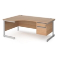 Contract 25 left hand ergonomic desk with 2 drawer pedestal and silver cantilever leg 1800mm - beech top