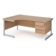 Contract 25 left hand ergonomic desk with 3 drawer pedestal and silver cantilever leg 1800mm - beech top