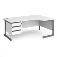 Contract 25 right hand ergonomic desk with 3 drawer pedestal and graphite cantilever leg 1800mm - white top