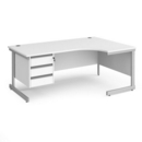 Contract 25 right hand ergonomic desk with 3 drawer pedestal and silver cantilever leg 1800mm - white top