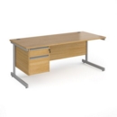 Contract 25 straight desk with 2 drawer pedestal and silver cantilever leg 1800mm x 800mm - oak top