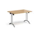 Rectangular folding leg table with chrome legs and curved foot rails 1200mm x 800mm - oak