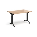 Rectangular folding leg table with black legs and curved foot rails 1200mm x 800mm - beech