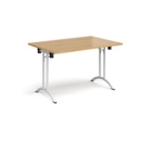 Rectangular folding leg table with white legs and curved foot rails 1200mm x 800mm - oak