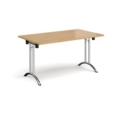 Rectangular folding leg table with chrome legs and curved foot rails 1400mm x 800mm - oak