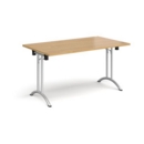 Rectangular folding leg table with silver legs and curved foot rails 1400mm x 800mm - oak
