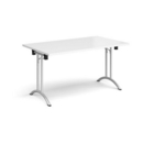 Rectangular folding leg table with silver legs and curved foot rails 1400mm x 800mm - white