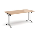 Rectangular folding leg table with chrome legs and curved foot rails 1600mm x 800mm - beech