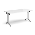 Rectangular folding leg table with chrome legs and curved foot rails 1600mm x 800mm - white