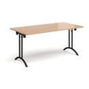 Rectangular folding leg table with black legs and curved foot rails 1600mm x 800mm - beech