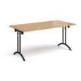 Rectangular folding leg table with black legs and curved foot rails 1600mm x 800mm - oak