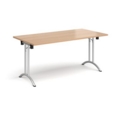 Rectangular folding leg table with silver legs and curved foot rails 1600mm x 800mm - beech