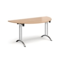 Semi circular folding leg table with chrome legs and curved foot rails 1600mm x 800mm - beech