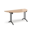 Semi circular folding leg table with black legs and curved foot rails 1600mm x 800mm - beech