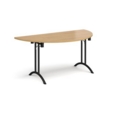 Semi circular folding leg table with black legs and curved foot rails 1600mm x 800mm - oak