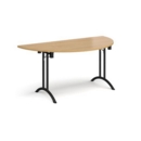 Semi circular folding leg table with black legs and curved foot rails 1600mm x 800mm - oak