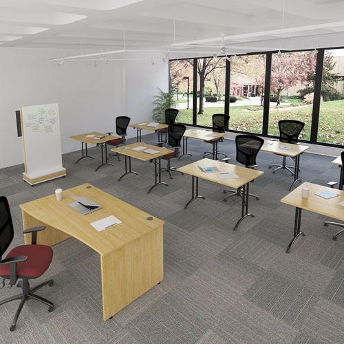 Semi circular folding leg table with black legs and curved foot rails 1600mm x 800mm - oak